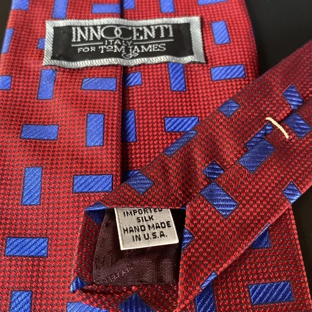 Innocenti Italy x Tom James Silk Brocade Hand Made Tie Geometric OAP Red Blue